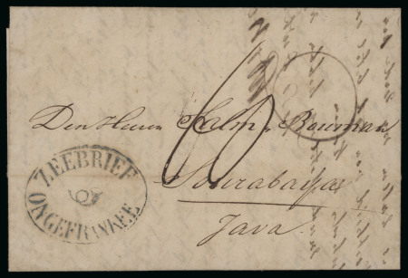 1844, letter from Amsterdam to Surabaya, with Zeebrief Ongefrankee misspelled postmark.