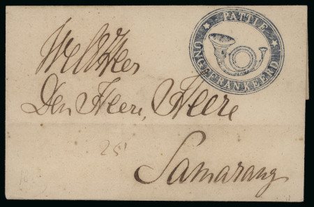 "PATTIE ONGEFRANKEERD" Posthorn Negative Oval Handstamp, in blue and red. Attractive.