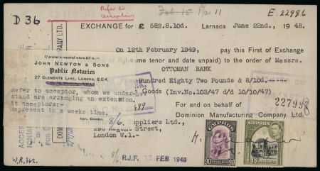 1900–48 Revenue Documents. Fine group of five revenue documents, comprising Queen Victoria (2), King George V (2), and King George VI (1) periods. An attractive and representative selection of Cyprus fiscal history (5).