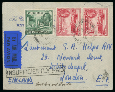 1936–53 Instructional Markings: Selection of six covers to and from Cyprus, illustrating a range of scarce auxiliary postal markings, including boxed "INSUFFICIENTLY PAID" handstamps in black (2), boxed "RETOUR" in red, 