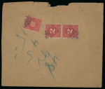 1928 Stampless envelope from Kythrea to New York, U.S.A., bearing a "T" tax handstamp and New York "DUE / 14 / CENTS" marking on the front, together with an additional strike of the KYTHREA A/JY.27.28 squared-circle date