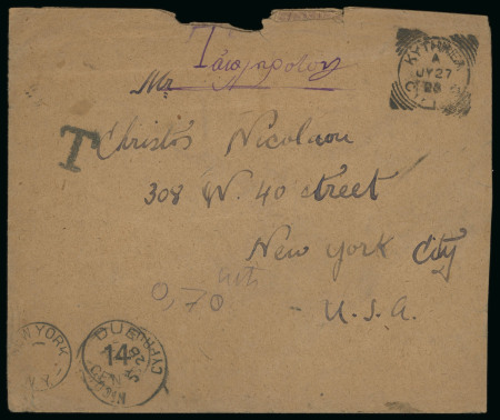 1928 Stampless envelope from Kythrea to New York, U.S.A., bearing a "T" tax handstamp and New York "DUE / 14 / CENTS" marking on the front, together with an additional strike of the KYTHREA A/JY.27.28 squared-circle date