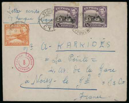 1940 Censored envelope from Lefkara to La Pointe, Noisy, France, franked with KGVI Pictorial 2½pi, tied by LEFKARA double-circle datestamps. Also bearing a wartime censor cachet and "Visit Cyprus" promotional marking. Ac