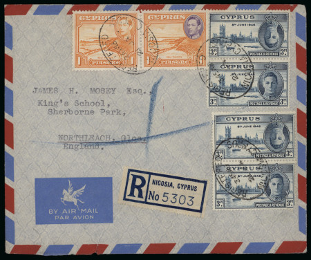 1946 Registered envelope from Nicosia to England, bearing a 14pi franking comprising Pictorial and Victory issues. Three of the adhesives are made-up stamps, showing inverted King's Head and coloured King's Head varietie