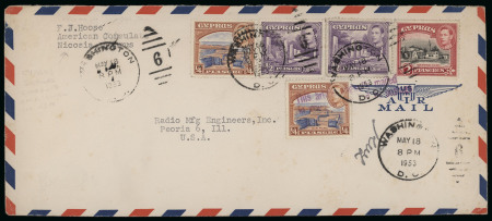 1952–53 Pair of airmail covers from Nicosia to the U.S.A., each franked with the KGVI Pictorial 3½pi rate. In both cases the stamps were cancelled in transit by Washington, D.C. duplex or meter markings and each cover be