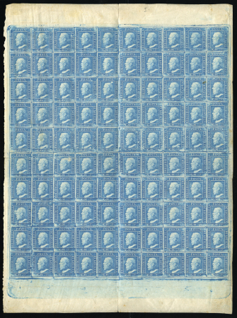 1859 2 Gr. Plate III, blue (azzurro), complete sheet of one hundred, showing full sheet margins all round, including plate edge markings, some usual minor tears and hinge reinforcements, an outstanding exhibition item