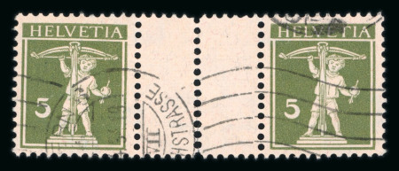 1934, Zwischensteg Tellknabe 5 Rp. grün auf geriffeltem Papier