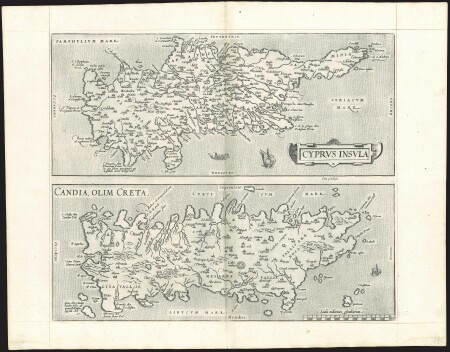 1579 Ortelius Cyprus and Crete uncoloured copper-engraved map on a single atlas sheet