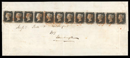 1840 1d Black, Plate 1a (TA–TL) Complete Lower Row of Twelve on Large Format Legal Cover