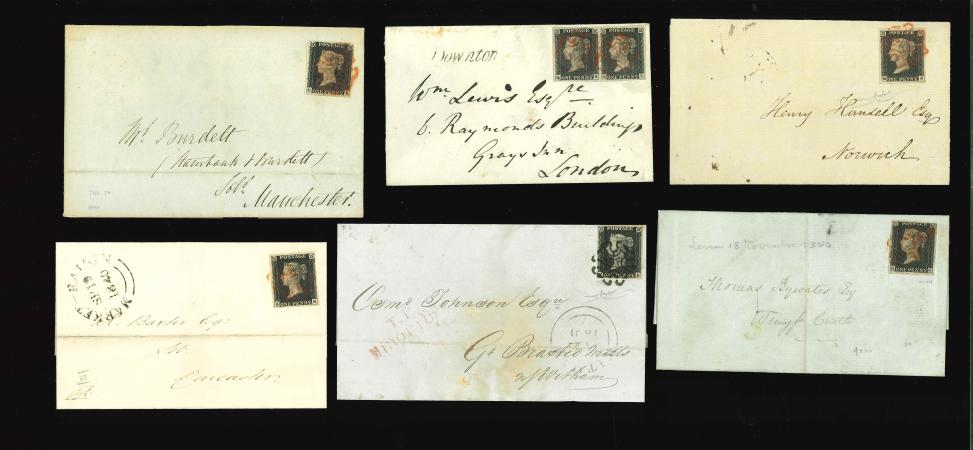 1840 1d black, selection of 8 covers and 2 fragments