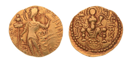Gupta, Samudragupta I, Javelin, 7.86 g. AV dinar