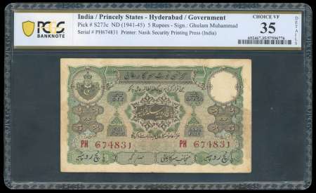 1939 India, Princely States, Hyderabad Government, 5 rupees.
