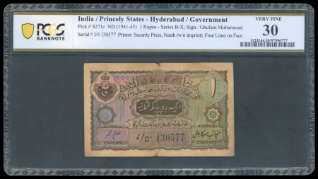 1941-45 India, Princely States, Hyderabad Government, 1 rupee.