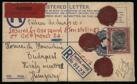 1937 Insured 2½pi blue registered envelope, uprated with KGVI Pictorial 4½pi, sent from Nicosia to Budapest, Hungary. A fine and scarce example of an insured registered overseas usage, particularly desirable as an early 