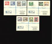 1934 Pictorial Issue complete set of eleven, tied on three registered envelopes by REGISTERED/NICOSIA, CYPRUS/28.JAN.35 oval datestamps, all addressed to Berne, Switzerland. A very fine and attractive set of registered p