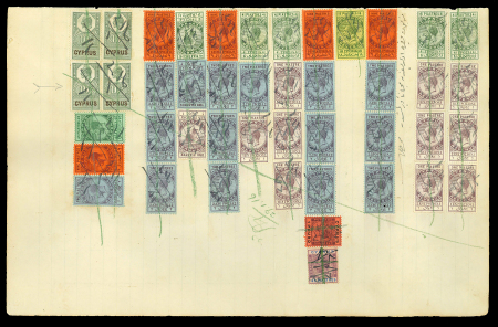 1916 Exceptional KEdVII and KGV Revenue Document: Official document written in Ottoman Turkish, bearing an extraordinary total of 44 mostly KGV Revenue stamps and two regular postage stamps, being a KGV 45pi and £1 value