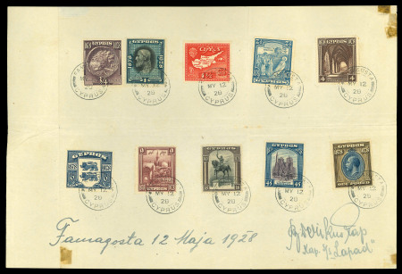 1928 British Rule Pictorial Issue: Complete set of ten values, each neatly tied by FAMAGUSTA/MY.12.28/CYPRUS circular datestamps on the official Post Office presentation sheet, signed and dated. A very fine, attractive a