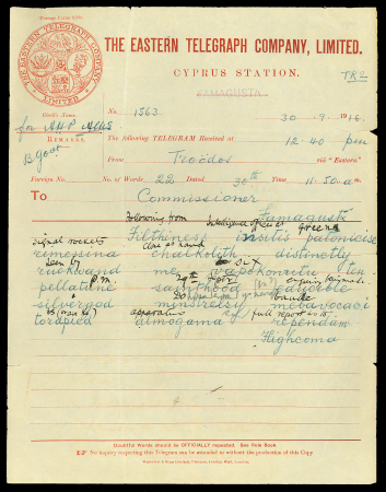 1916–18 Eastern Telegraph Company: Two Cyprus telegram forms, sent from Troodos and Limassol to Famagusta, each bearing the linear violet "FAMAGUSTA" handstamp. Unusual and attractive telegraphic documents illustrating t