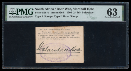1900 South Africa, Boer War, 2/6d signed Marshall Hole with stamp affixed.