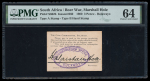 1900 South Africa, Boer War, 3 pence signed Marshall Hole. The only banknote graded by PMG.