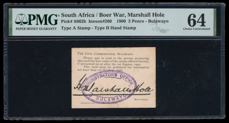 1900 South Africa, Boer War, 3 pence signed Marshall Hole. The only banknote graded by PMG.