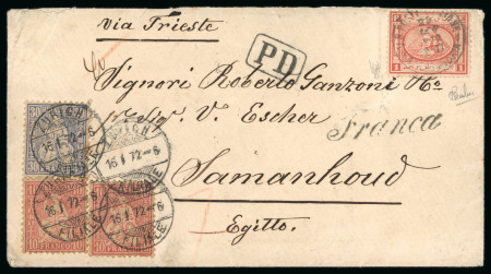 1872, 10 Rp. blau (2) und 30 Rp. rot, auf Brief nach Ägypten