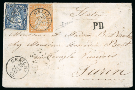 1863, 20 Rp. orange, 4. Berner Druckperiode, in Mischfrankatur