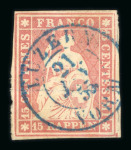 1854, 15 Rp. rot, 2. Münchner Druckperiode, allseits weissrandiges Liebhaberstück