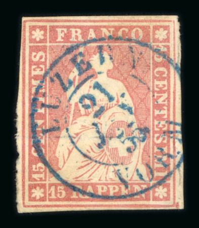 1854, 15 Rp. rot, 2. Münchner Druckperiode, allseits weissrandiges Liebhaberstück