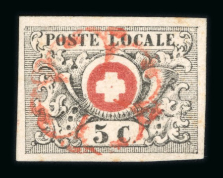 1850, Waadt 5, mit rotem Punkt im weissen Kreuz