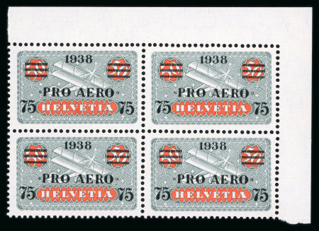 1938, Flugpost 75 auf 50 Rp. mit Aufdruck Pro Aero im Viererblock