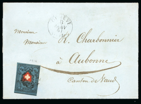 1851, Rayon I dunkelblau auf Faltbrief mit schwarzer Genfer Rosette