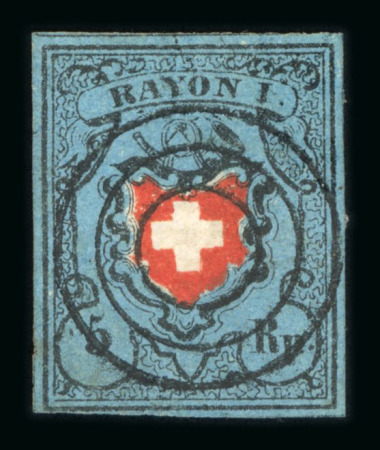 1850, Rayon I dunkelblau mit schwarzem Dreiringstempel von Biel