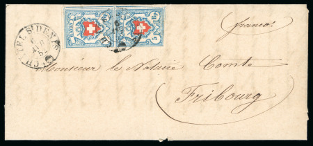 1852, Rayon I hellblau im senkrechten Paar, auf Faltbrief von Châtel Saint-Denis