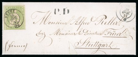 1857, 40 Rp. grün, auf Brief von Vevey nach Stuttgart