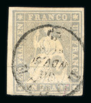 1860, 1 Fr. grau, 2. Berner Druckperiode, mit linker oberer Bogenecke