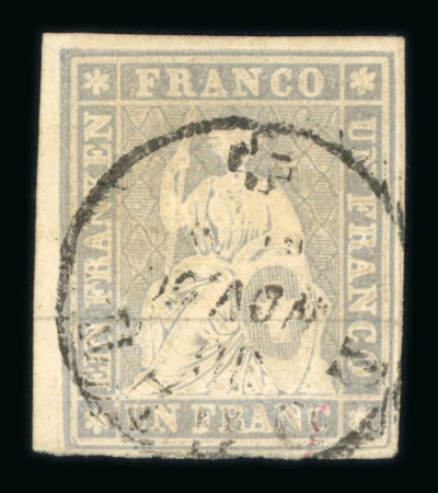 1860, 1 Fr. grau, 2. Berner Druckperiode, mit linker oberer Bogenecke