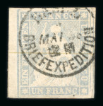 1858, 1 Fr, grau, 2. Berner Druckperiode, mit breitem linken Bogenrand
