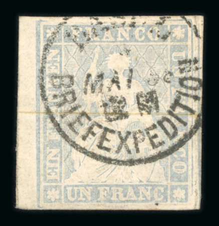 1858, 1 Fr, grau, 2. Berner Druckperiode, mit breitem linken Bogenrand