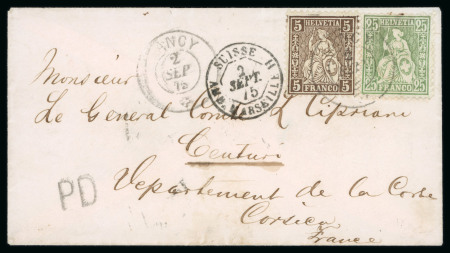 1875, 25 Rp. grün und 5 Rp. braun, auf Brief nach Korsika