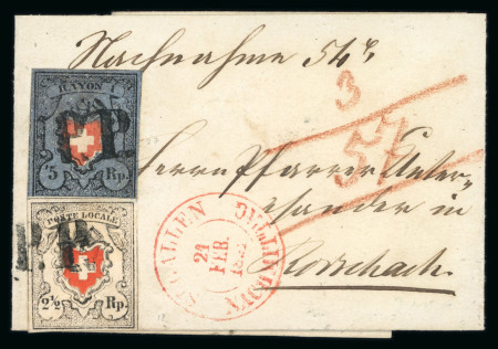 1851, Poste Locale mit Kreuzeinfassung zusammen mit Rayon I