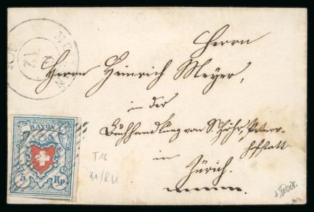 1851, Rayon I hellblau, Type 16 des Steins B1-RU, auf Faltbrief