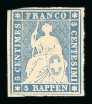 1852, Probedruck 5 Rp. blau mit Seidenfaden
