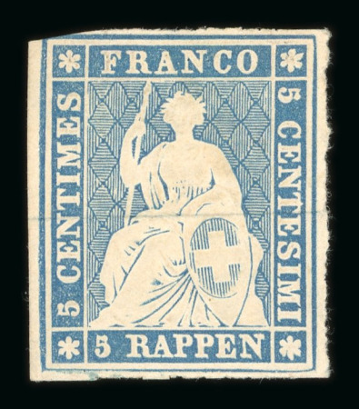 1852, Probedruck 5 Rp. blau mit Seidenfaden