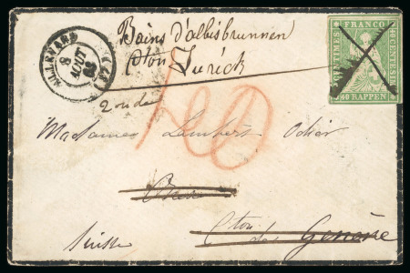 1863, 40 Rp. grün, 4. Berner Druckperiode, auf Trauerbrief von Allevard nach Onex