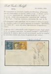 1859 1/2 Gr. plate I, olive-yellow (giallo oliva), single with four margins, together with 1 Gr. and 2 Gr., on 1859 entire to France. Fine condition.  A remarkable and highly important three-colour franking, made especia