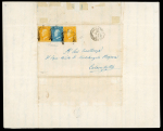 1859 1/2 Gr. orange (arancio), two singles and 2 Gr. both from plate I, on 1859 (26 Lug) two-page entire with frame cancels, from Palermo Partenza date stamp to right; an unpriced combination in Sassone, hence extremely 