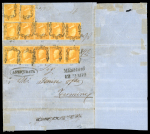 1859 1/2 Gr. plate I, horizontal strip of five (pos 31-35, 31 showing a retouch) and on reverse a similar strip (pos 36-40) plus two singles, all tied on 1859 (12 Mag) Assicurata cover from Messina to Termini, the name a