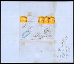 1859 1/2 Gr. plate I, porous paper (NA) orange (arancio), single at left and four overlapping singles at right, the first of the latter showing the retouch from Position 31; all tied on 1859 (22 Nov) cover from Palermo t