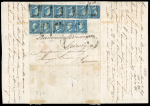 1859 2 Gr. Plate I, blue (azzurro), comprising two horizontal strips of five and a single, positions 51–55 on the front, positions 91–95 on the reverse, and single position 8, displaying a total of seven recorded retouch